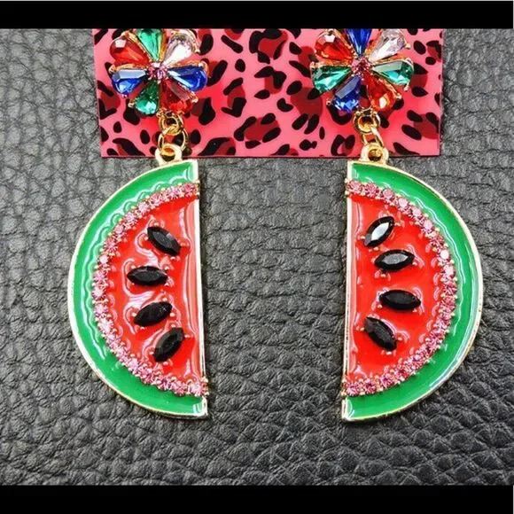 🍉 Betsey Johnson drop dangle crystal watermelon earrings 🍉 - Picture 2 of 3